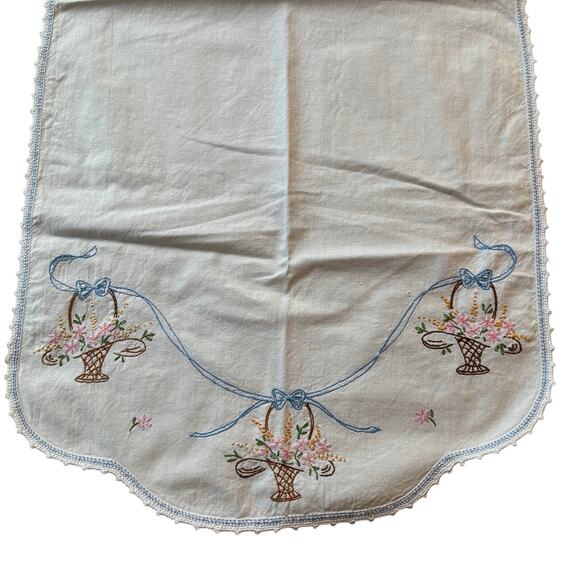 Art Deco Dresser Scarf table runner white cotton hand embroidery & crochet trim - Picture 3 of 8